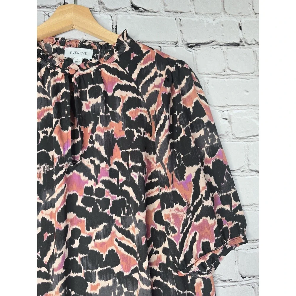 Evereve Blouse Large L Abstract Floral Print Ruffle High Neck Short Sleeve Top - Picture 4 of 10